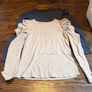 Elegant Beige and Blue Ruched Sleeve Tops